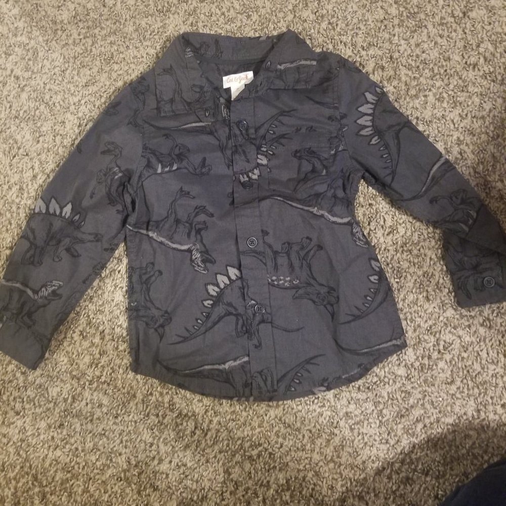 Cat & Jack Long Sleeve Gray Dino Button Up NWOT